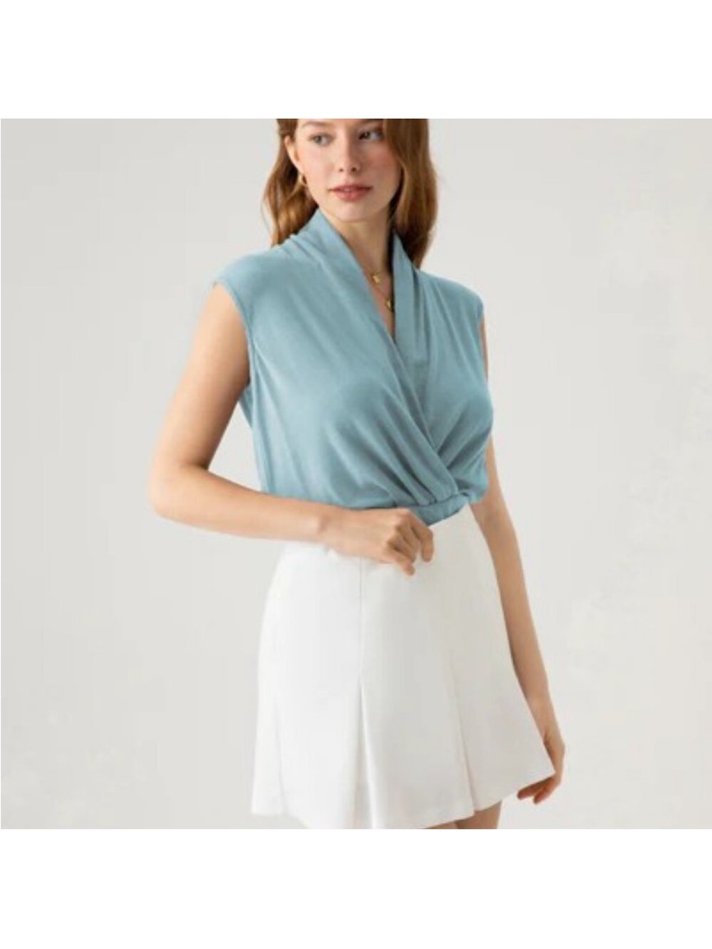 Matte Smooth Surplice Sleeveless Top Blue